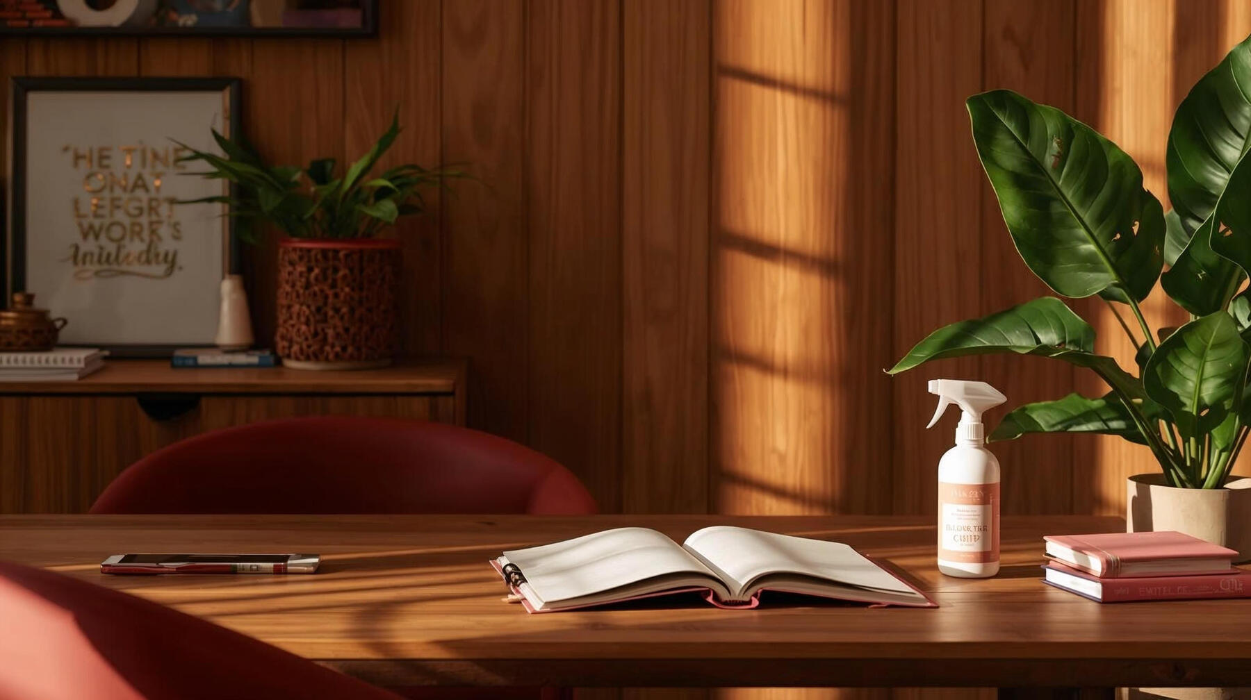 A professionally cleaned office with warm lighting, deep wood tones, and coral or gold accents. A tidy desk holds a laptop, planner, and subtle cleaning supplies. The space feels productive, calm, and cared-for.